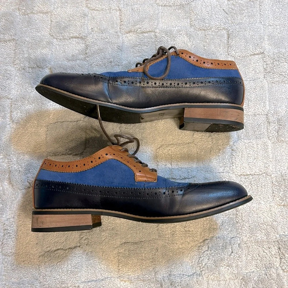Azar Man Navy Blue & Cognac Leather Suede Lace-Up Oxfords Dress Shoes | Men’s 9 - Picture 4 of 8